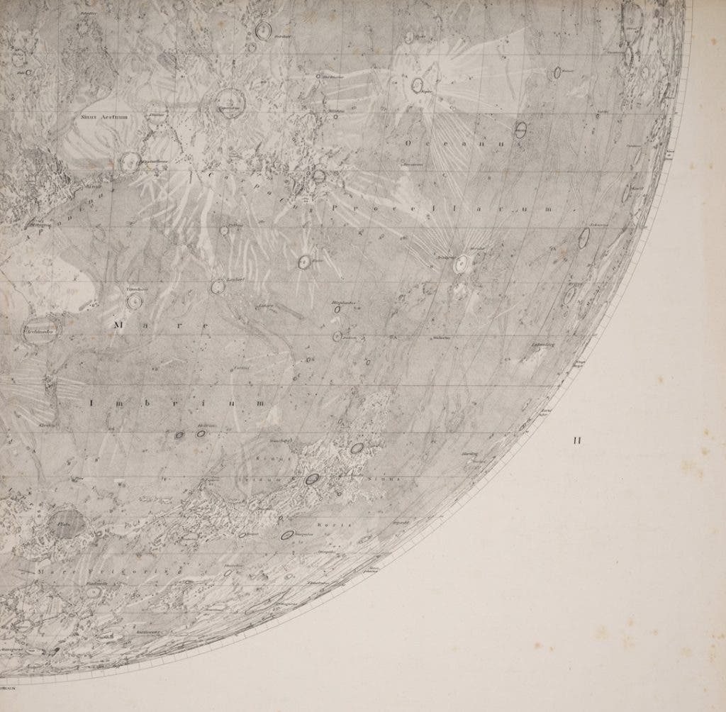 The southwest quadrant of Beer’s and Mädler’s map. A notable feature is the mare, Oceanus Procellarum (Ocean of Storms). Image source: Beer, Wilhelm, and Johann Heinrich Mädler. Mappa selenographica (Map of the Moon). Berlin: apud Simon Schropp & Soc., 1834. View Source
