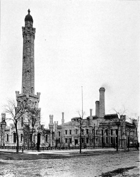 Chicago Water Tower and pumping station. Image source: Ericson, John Ernst. Report on the Water Supply System of Chicago: Its Past, Present and Future. Chicago, 1905, p. 7.
