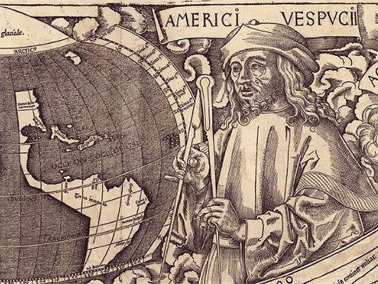 Detail of the top of the 1507 world map by Martin Waldseemüller (<i>second image</i>), showing a portrait of Amerigo Vespucci and a map of his “new world” (Library of Congress)