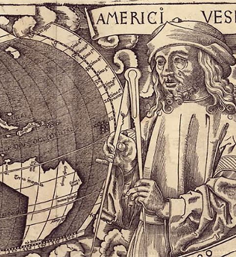 Detail of the top of the 1507 world map by Martin Waldseemüller (<i>second image</i>), showing a portrait of Amerigo Vespucci and a map of his “new world” (Library of Congress)
