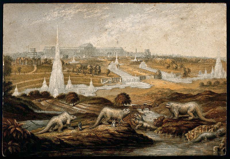 Colored print showing the Crystal Palace grounds in Sydenham, with Megalosaurus on the left, after 1854 (Wellcome Collection)