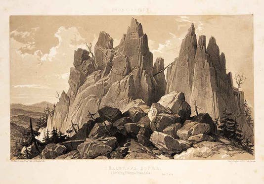 “Uralskya Sopka,” an outcrop in the Urals, lithographed frontispiece, drawn by Roderick Murchison and lithographed by Louis Haghe, in Murchison et al., <i>The Geology of Russia</i>, 1845 (Linda Hall Library)