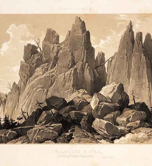 “Uralskya Sopka,” an outcrop in the Urals, lithographed frontispiece, drawn by Roderick Murchison and lithographed by Louis Haghe, in Murchison et al., <i>The Geology of Russia</i>, 1845 (Linda Hall Library)