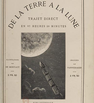 Title page with wood-engraved vignette, De la terre à la lune, by Jules Verne, 1865, here from the 1868 ed, Bibliothèque nationale de France (gallica.bnf.fr)