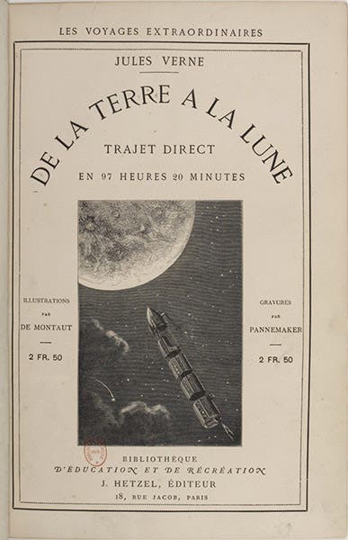 Title page with wood-engraved vignette, De la terre à la lune, by Jules Verne, 1865, here from the 1868 ed, Bibliothèque nationale de France (gallica.bnf.fr)