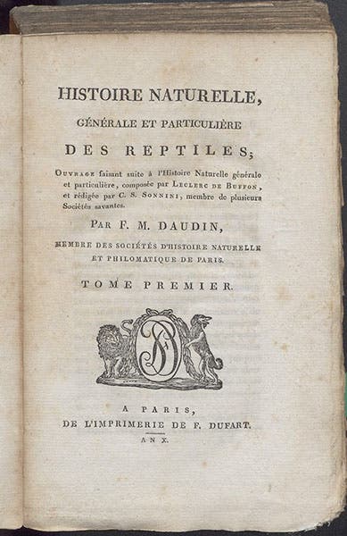 Title page, François Daudin, Histoire naturelle ... des reptiles, vol. 1, 1802 (Linda Hall Library)
