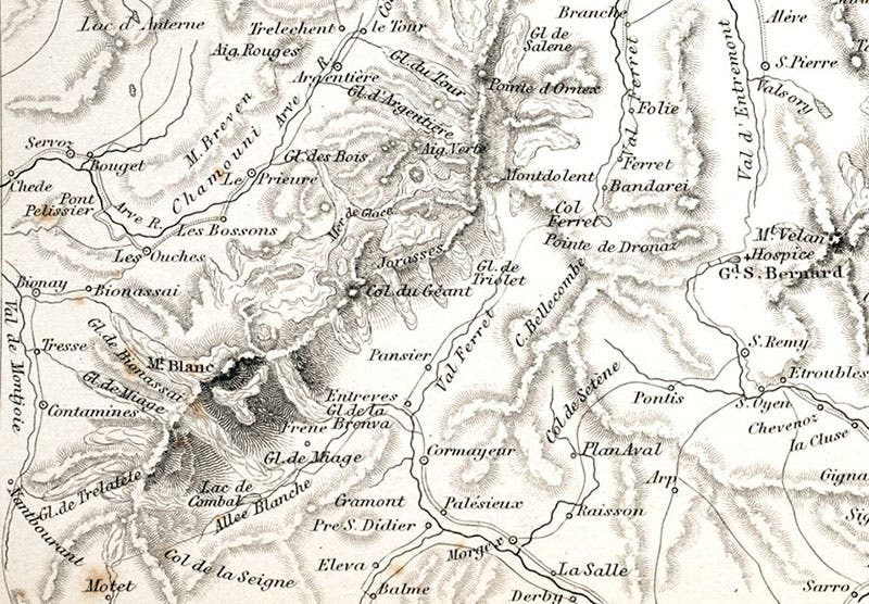 Map of region around Mont Blanc and the Mer de Glâce, detail of a larger map, “The Pennine Chain of Alps,” in James David Forbes, Travels through the Alps of Savoy, 1843 (Linda Hall Library)