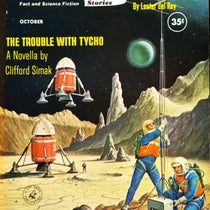 Front cover, Amazing Stories, Oct. 1960 issue, illustrating the novella, “The trouble with Tycho,” by Clifford D. Simak (Wikimedia commons)