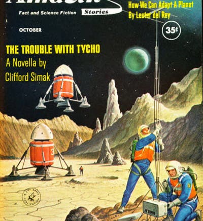 Front cover, Amazing Stories, Oct. 1960 issue, illustrating the novella, “The trouble with Tycho,” by Clifford D. Simak (Wikimedia commons)