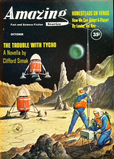 Front cover, Amazing Stories, Oct. 1960 issue, illustrating the novella, “The trouble with Tycho,” by Clifford D. Simak (Wikimedia commons)