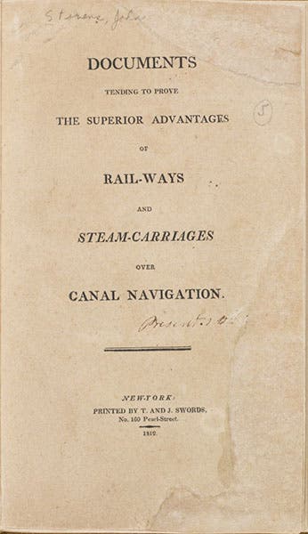 Title page, Documents Tending to prove the Superior Advantages of Rail-ways and Steam Carriages Over Canal Navigation, by John Sevens III, 1812, Rutgers University Libraries (rucore.libraries.rutgers.edu)