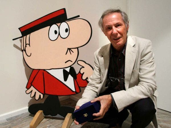 Bruno Bozzetto with Mr. Rossi, one of his animated characters, photograph, undated (nalakagunawardene.com)