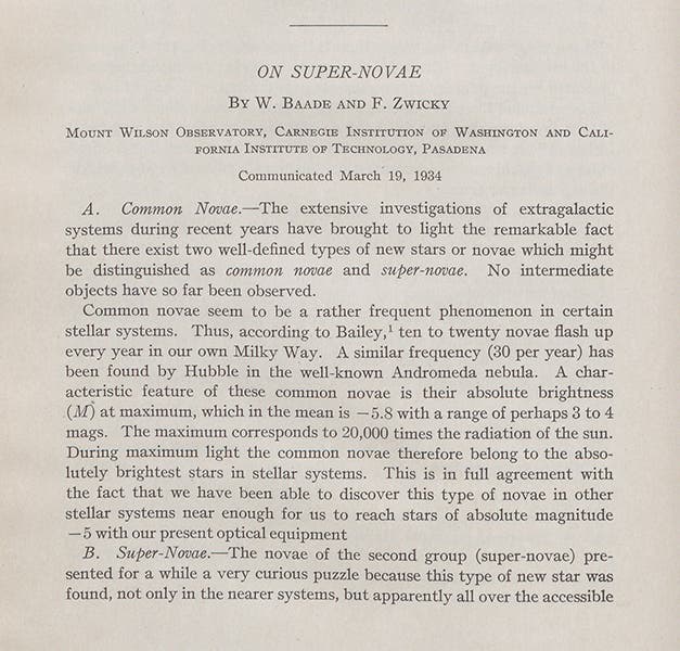 Detail of the first page of an article by Walter Baade and Fritz Zwicky, Proceedings of the National Academy of Sciences, vol. 20, 1934 (Linda Hall Library)