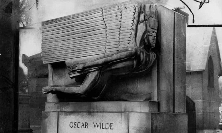 Memorial for Oscar Wilde, sculpted in limestone by Jacob Epstein, Père Lachaise Cemetery, 1912, photo taken 1960 (theguardian.com)