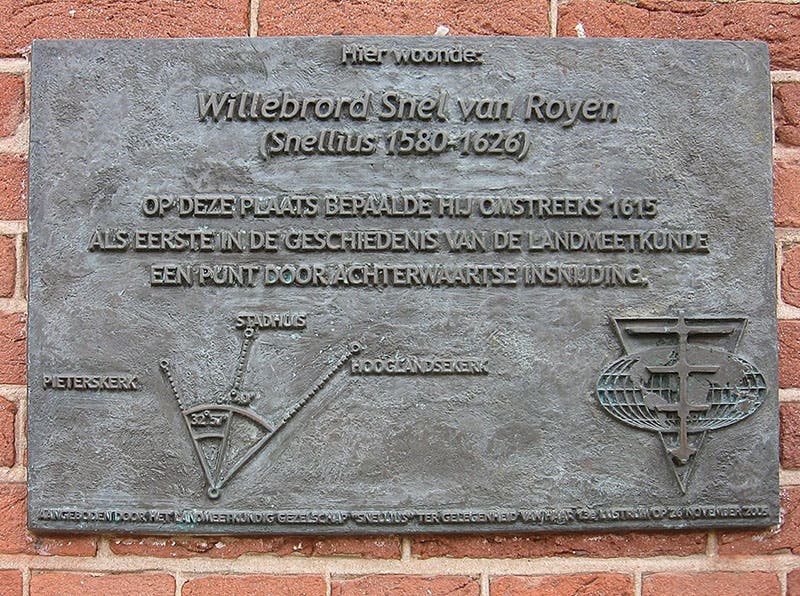 Plaque on the birth house of Willebrord Snellius, Leiden, commemorating his measurement of the length of a degree of longitude (Wikimedia 