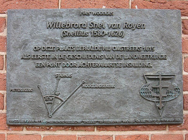 Plaque on the birth house of Willebrord Snellius, Leiden, commemorating his measurement of the length of a degree of longitude (Wikimedia