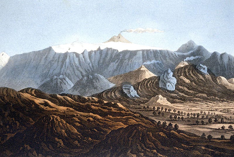 View of the Valle del Bove, Mount Etna, based on a drawing by Charles Lyell made in Nov. 1828, detail of engraved and hand-colored frontispiece, Principles of Geology, vol. 2, 1832 (Linda Hall Library)
