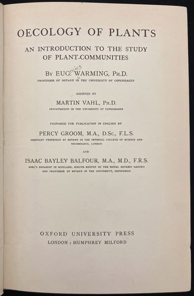 Title page, Oecology of Plants: An Introduction to the Study of Plant-Communities, by Eugenius Warming, 1909 (1925) (Linda Hall Library)