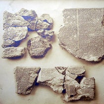 Fragments of the Epic of Gilgamesh identified and studied by George Smith, with a piece of the Flood Tablet, tablet 11, at upper right; photograph by Stephen Thompson, Chaldaean Account of the Deluge from Terra Cotta Tablets Found at Nineveh, and Now in the British Museum, 1872, Graphic Arts Collection, Princeton (www.princeton.edu)