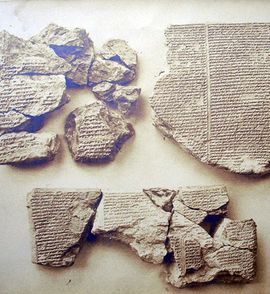 Fragments of the Epic of Gilgamesh identified and studied by George Smith, with a piece of the Flood Tablet, tablet 11, at upper right; photograph by Stephen Thompson, Chaldaean Account of the Deluge from Terra Cotta Tablets Found at Nineveh, and Now in the British Museum, 1872, Graphic Arts Collection, Princeton (www.princeton.edu)
