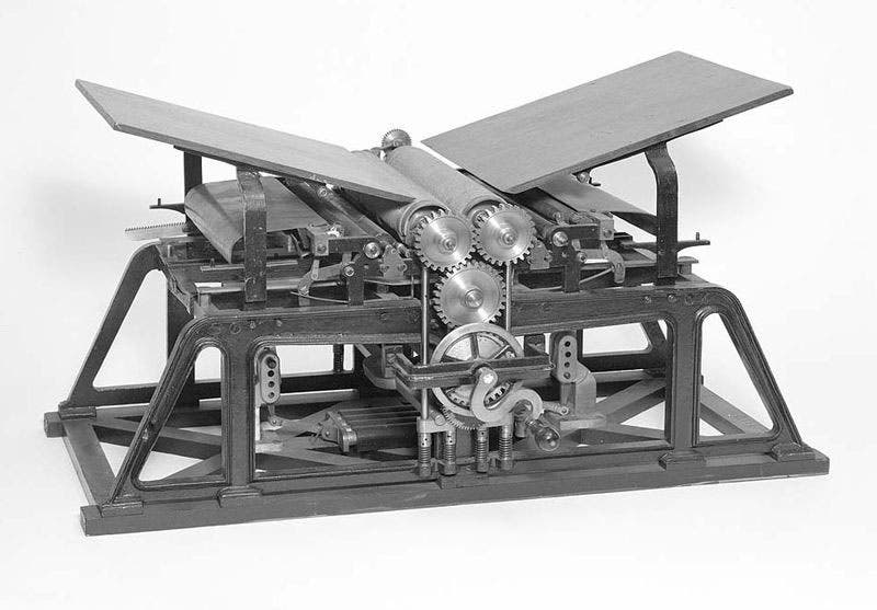 Patent model for a two-cylinder rotary press submitted by Richard Hoe to accompany a patent application of 1842 (National Museum of American History, Smithsonian)