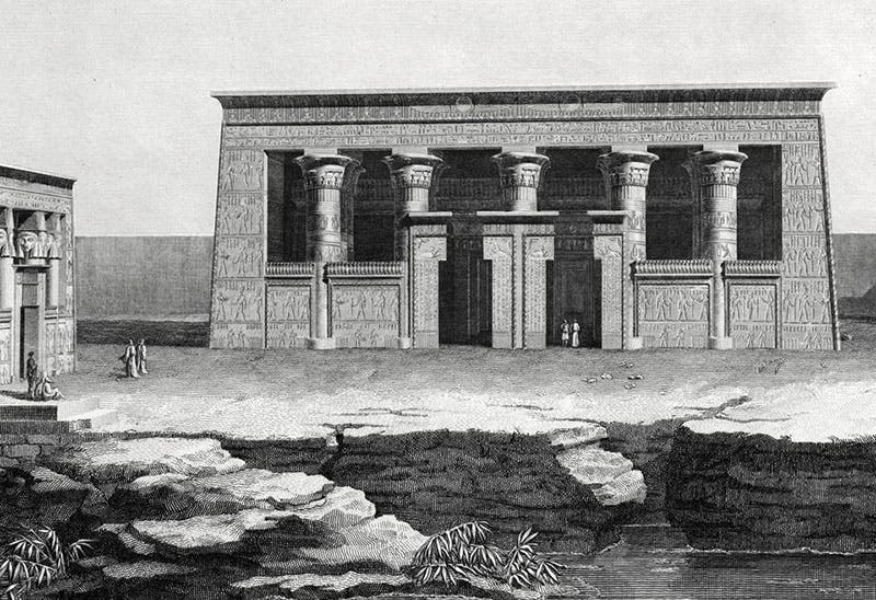 Façade of temple at Kom Ombo, artistically restored, detail of an engraving, after a drawing by Edouard Devilliers du Terrage and Jean-Baptiste Prosper Jollois, Description de l’Égypte, Antiquités, plate vol. 1, 1809-28 (Linda Hall Library)