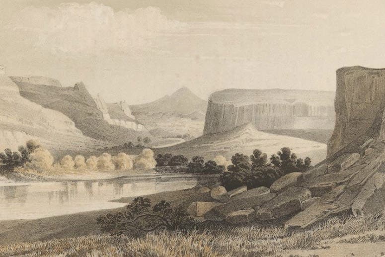 Head of the first canyon of Grand River, detail of a tinted lithograph by John Mix Stanley after a sketch by Richard Kern, in Report of Explorations … by Capt. J.W. Gunnison, by Edward Beckwith,1855 (Linda Hall Library)
