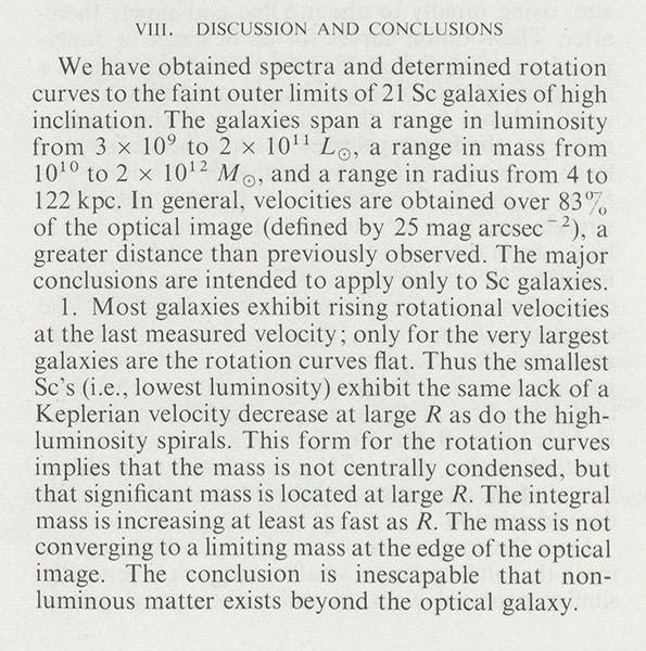 The first paragraph of Rubin’s conclusion to her article on galactic rotations, where she states: “The conclusion is inescapable that non-luminous matter exists beyond the optical galaxy,” Astrophysical Journal, 1980 (Linda Hall Library)