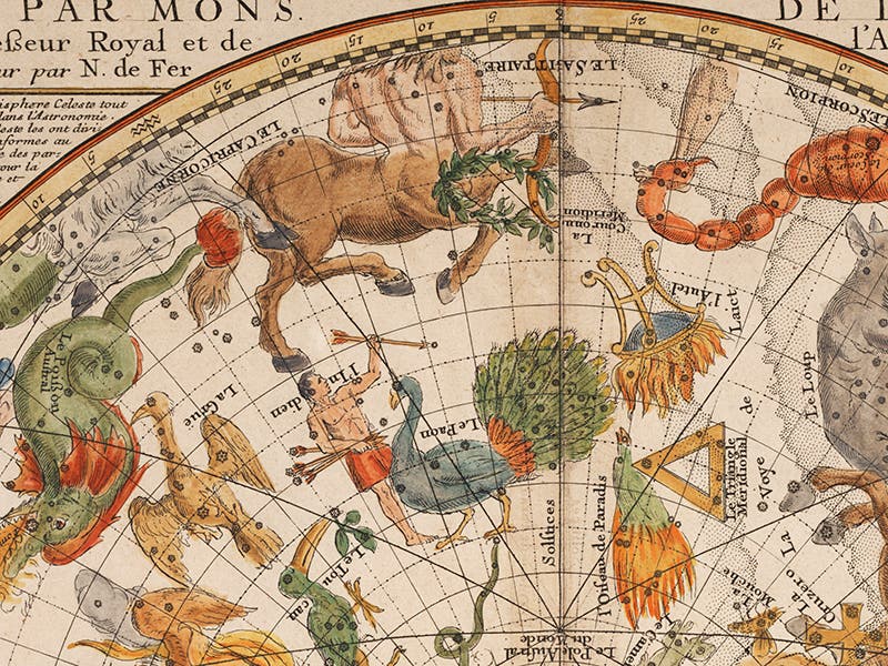 The constellations Pavo, Indus, Grus, Apus, Tucana, detail from Planisphere celeste meridional, Philippe de La Hire, 1705 (Linda Hall Library)