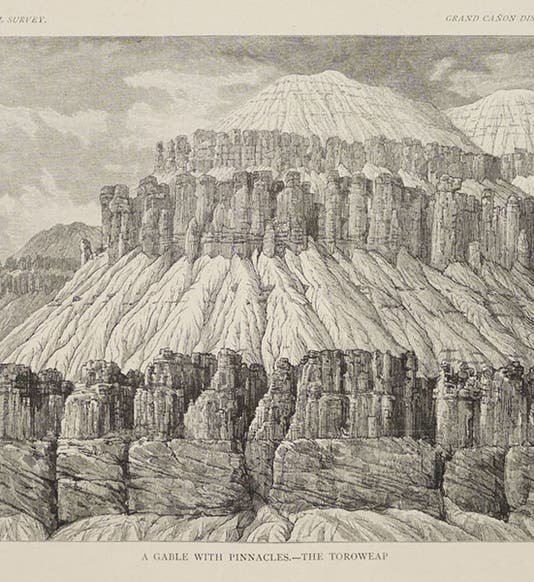 “A Gable with Pinnacles – The Toroweap,” wood engraving after a drawing by William Henry Holmes,  Tertiary History of the Grand Cañon District, by Clarence E. Dutton (USGS Monograph, 2), p. 84, 1882, copy 2 (Linda Hall Library)