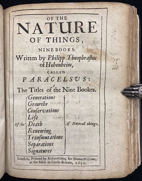 Separate title page, On the Nature of Things, by Phillip Theophasus of Hohenheim, called Paracelsus, 1650 (Linda Hall Library)