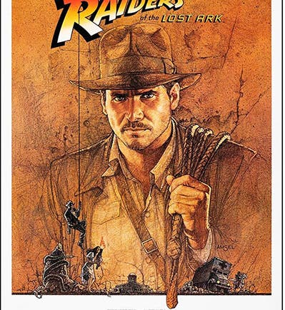 Movie poster, Raiders of the Lost Ark, featuring Harrison Ford as Indiana Jones, 1981 (rarecollectiblestv.com)