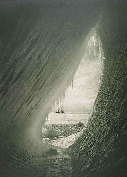 The ship Terra Nova visible through a grotto in an iceberg, photograph by Herbert Ponting, Jan. 5, 1911, Royal Collection, Windsor (rct.uk)