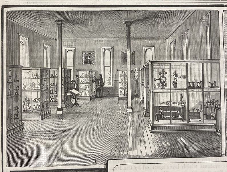 Room showing the Reuleaux mechanisms on display in 1885 at Sibley College, Cornell University, detail of front-cover set of wood engravings, Scientific American, vol. 53(10), p. 239, fig. 1, Oct. 17, 1885 (Linda Hall Library)