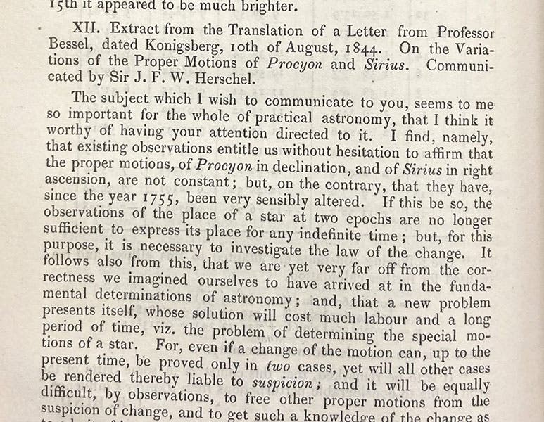 First paragraph, “On the variation of the proper motion of Procyon and Sirius,” by Friedrich Wilhelm Bessel, Monthly Notices of the Royal Astronomical Society, vol. 6, p. 136, 1844 (Linda Hall Library)