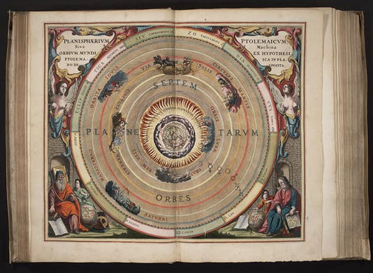 The Ptolemaic cosmological system, hand-colored engraving, Andreas Cellarius, <i>Harmonia macrocosmica</i>, 1661 (Linda Hall Library)