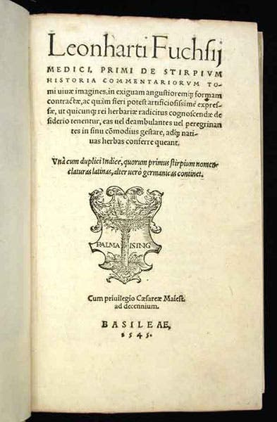 Title page, Primi de stirpium historia, by Leonhart Fuchs, 1545 (Linda Hall Library)