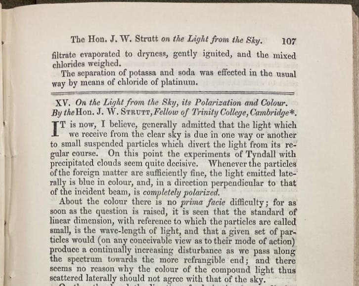 First page of paper on why the sky is blue, by Lord Rayleigh, Philosophical Magazine, vol. 41, 1871 (Linda Hall Library)