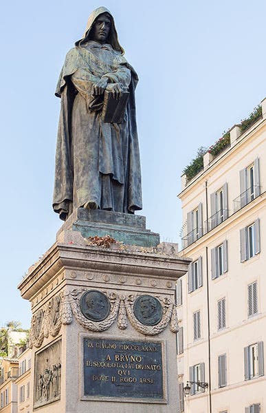 Another view of the statue of Giordano Bruno, showing his face, sculpted by Ettore Ferrari, Campo de’ Fiori, Rome, 1889 (Wikimedia commons)