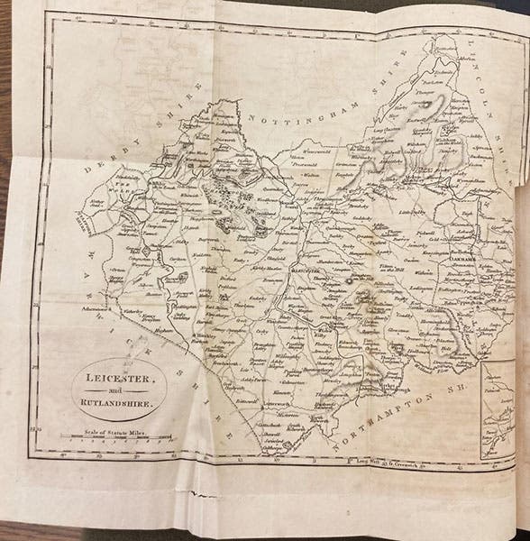 Map of Leicestershire, with Dishley Grange, home of Robert Bakewell, near the north-northwest border with Nottingham (see detail, third image, above), in William Pitt, General View of the Agriculture of the County of Leicester, 1809 (Linda Hall Library)