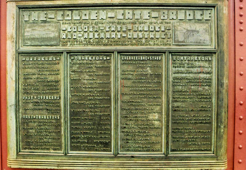 Original plaque placed on the Golden Gate Bridge, 1937, listing important contributors, including 12 consulting or assistant engineers; Charles Ellis was not included (wikimedia.org)