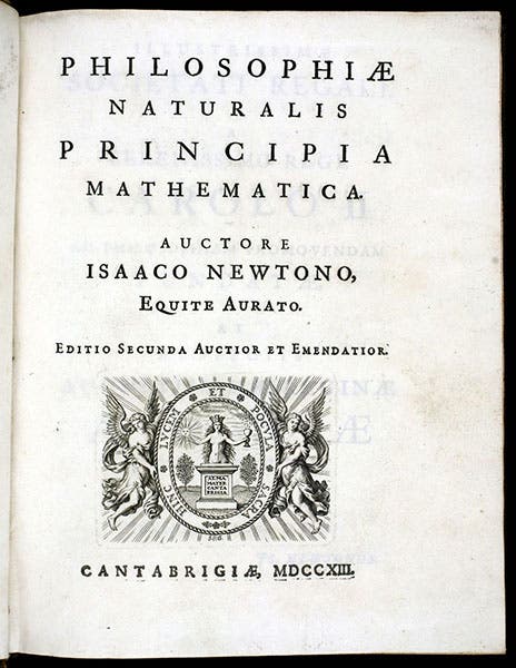 Title page, Philosophiae naturalis principia mathematica, by Isaac Newton, second edition, ed. by Roger Cotes, 1713 (Linda Hall Library)