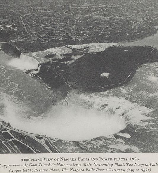 Aerial view of Niagara Falls; the first Adams power plant was at upper right, photograph frontispiece, in Edward Dean Adams, <i>Niagara Power</i>, vol. 2, 1927 (Linda Hall Library)