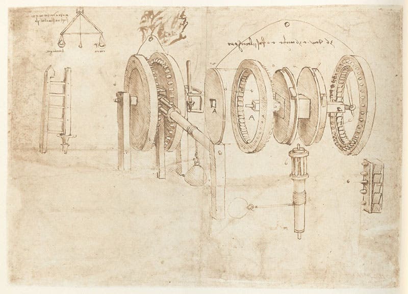 Exploded diagram of a weight-lifting device, drawing by Leonardo da Vinci, 1478, fol. 30v of the Codex Atlanticus, facsimile, 1973 (Linda Hall Library)