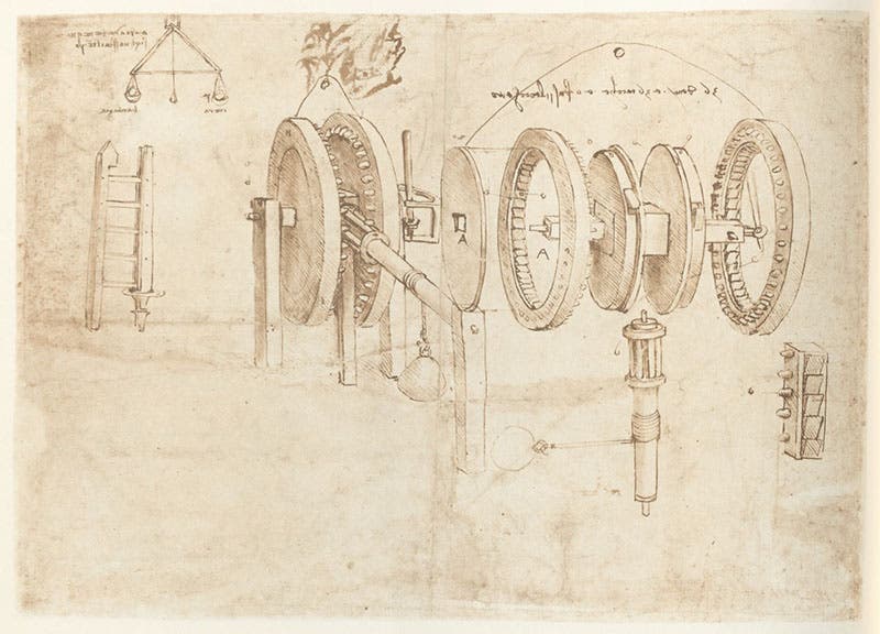 Exploded diagram of a weight-lifting device, drawing by Leonardo da Vinci, 1478, fol. 30v of the Codex Atlanticus, facsimile, 1973 (Linda Hall Library)