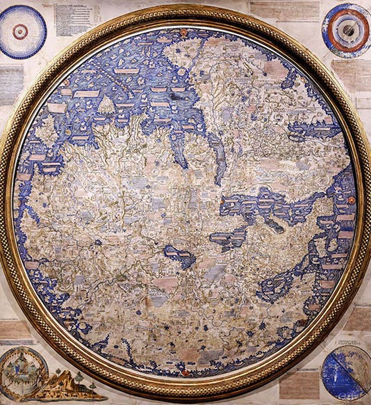Fra Mauro map, with south at the top, manuscript on vellum and wood, ca 1460, property of the Biblioteca Nazionale Marciana, Venice; on display in Museo Correr, Piazza San Marco, Venice (Wikimedia commons)