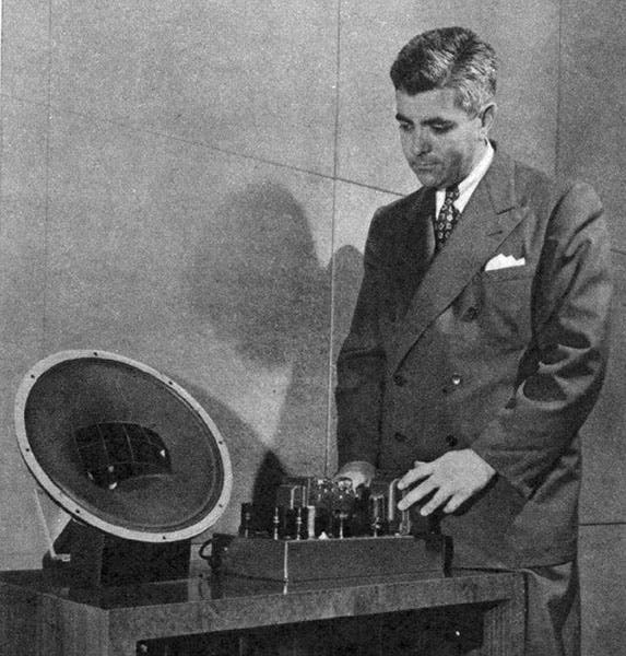 Avery Fisher with an early amplifier and speaker, undated photograph (www.findagrave.com)