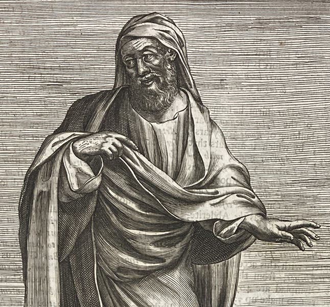 Detail of portrait of Democritus, engraving, in The History of Philosophy, by Thomas Stanley, 1687 (Linda Hall Library)