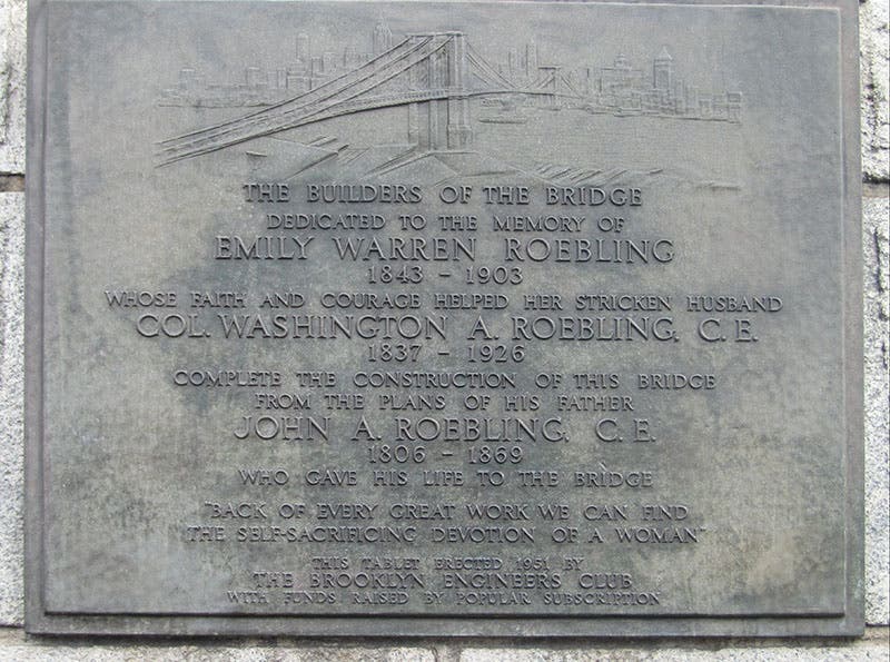 Plaque installed on the Brooklyn Bridge in 1951, by the Brooklyn Engineers Club, commemorating the roles of Emily Roebling, Washington Roebling, and John Roebling in completing the East River Bridge (Wikimedia commons)