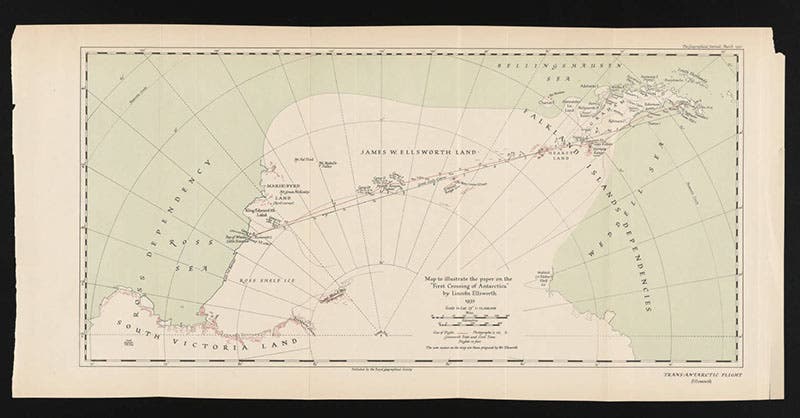 Map of the planned 1935 trans-Antarctic flight by Lincoln Ellsworth, 1935; the flight as flown followed this path more or less, but the plane landed five times, the last time 40 miles short of Little America at the very left, University of Miami Libraries (digitalcollections.library.miami.edu)